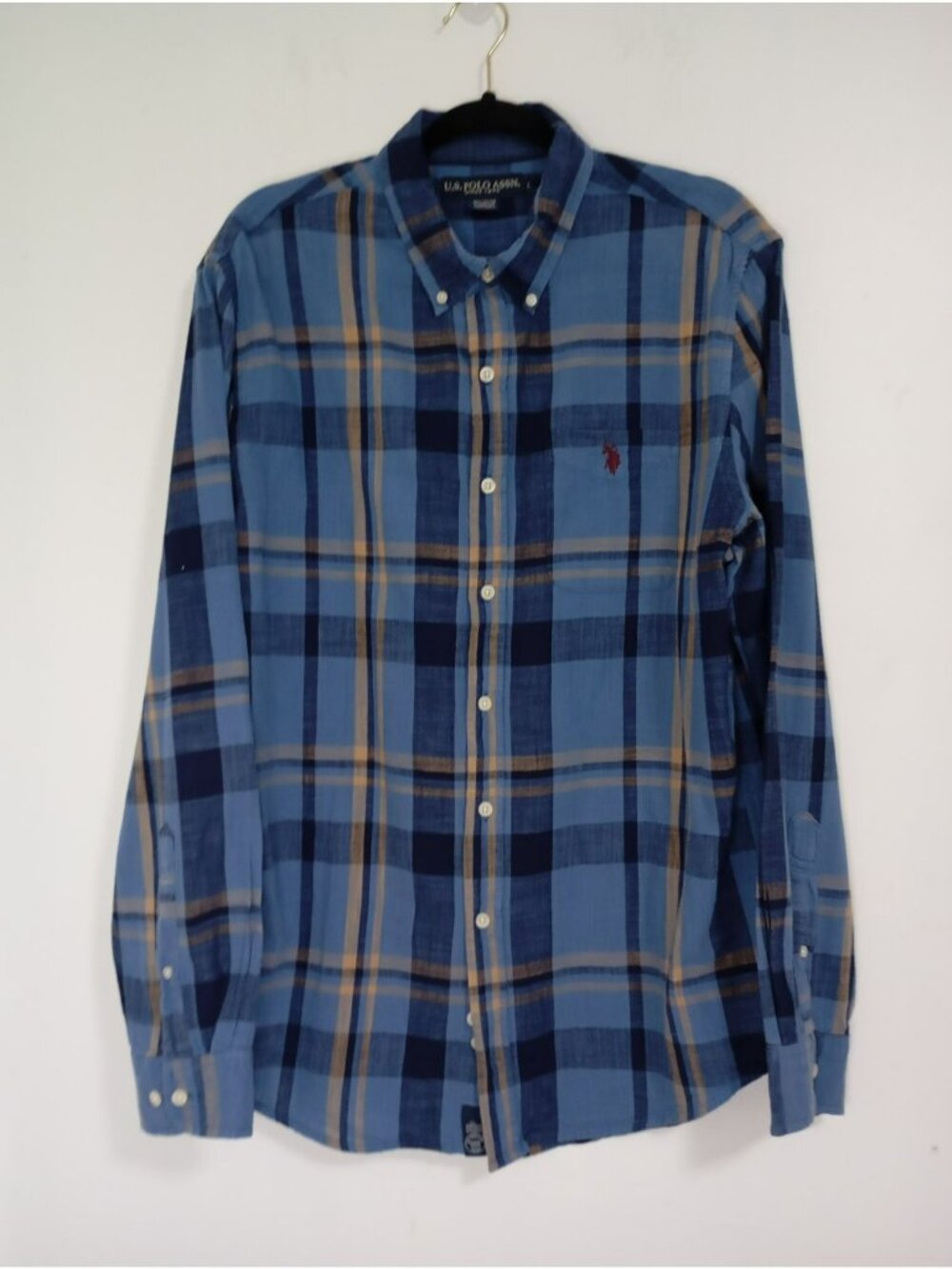 U.S. Polo Assn. Mens Blue Plaid Long Sleeve Button-Down Shirt Size L 100% Cotton
